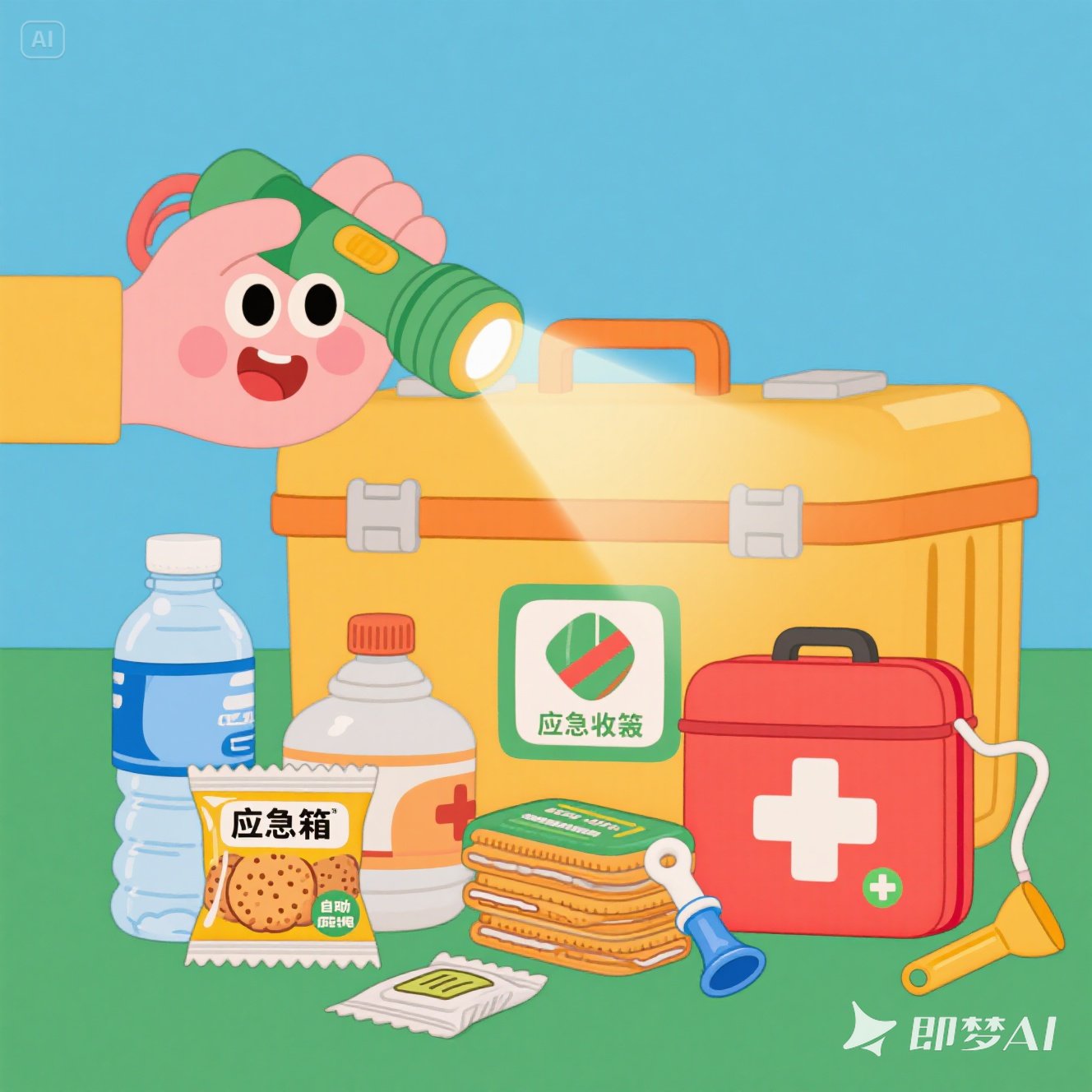 应急物资：准备包含手电筒（建议自发电款）、口哨、压缩饼干、饮用水、急救包的应急箱 卡通风格.jpeg